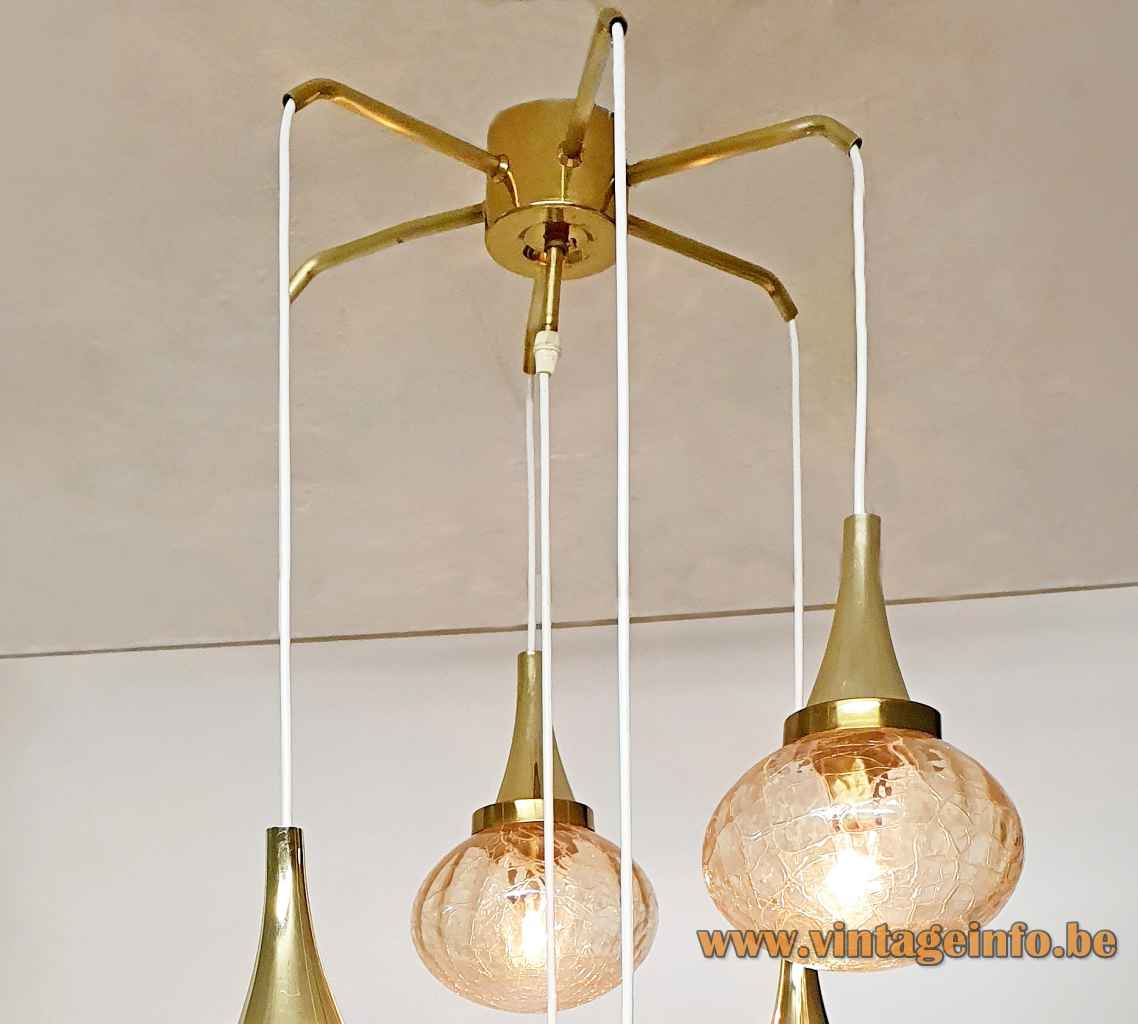 Oval crackle globes pendant chandelier brass spider 7 glass sphere cascading lampshades 1970s Hustadt-Leuchten Germany