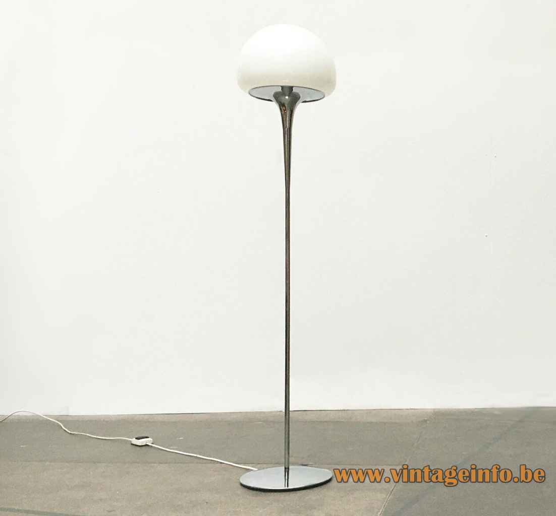 Reggiani half globe floor lamp round chrome base long rod opal glass lampshade 1960s 1970s Italy