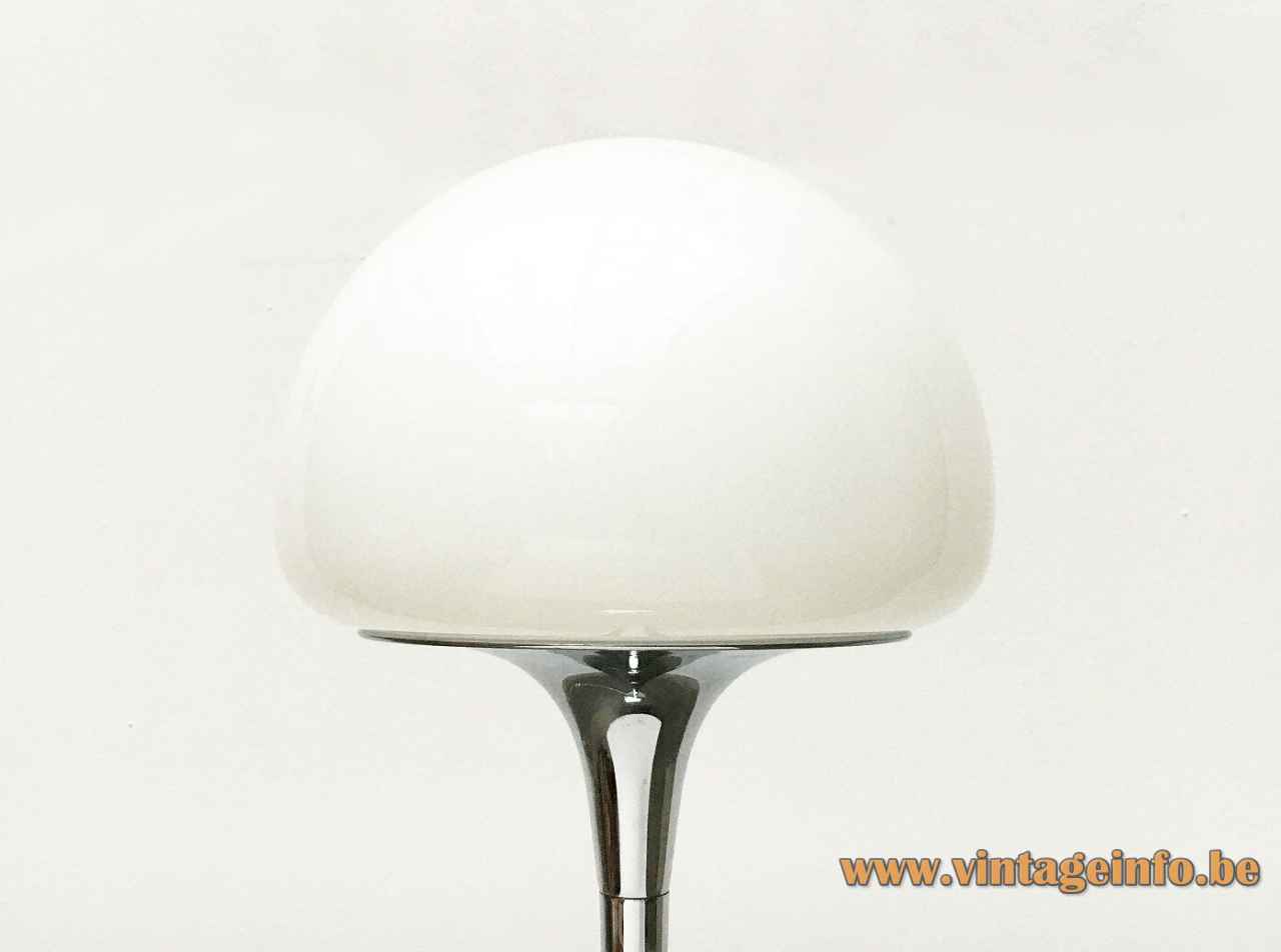 Reggiani half globe floor lamp round chrome base long rod opal glass lampshade 1960s 1970s Italy