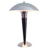 1980s Massive art deco table lamp curved round base conical black rod chrome mushroom lampshade 1990s Belgium