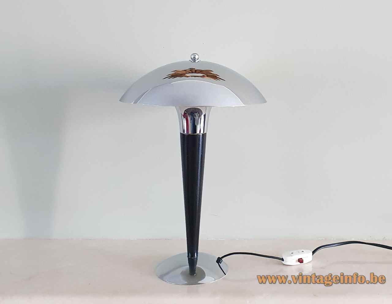 1980s Massive art deco table lamp curved round base conical black rod chrome mushroom lampshade 1990s Belgium