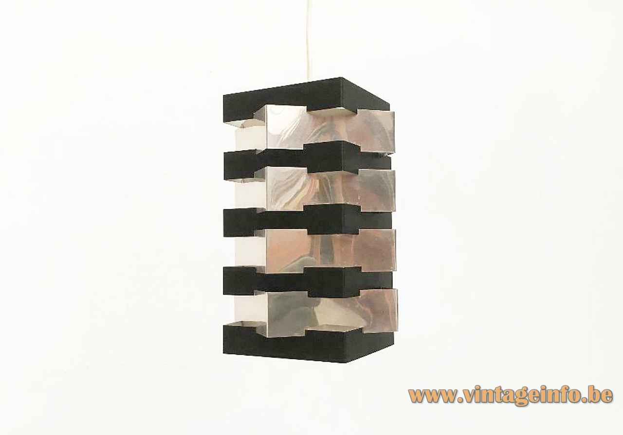ANVIA Nordisk style pendant lamp square folded chrome & black slats lampshade 1960s 1970s The Netherlands Solar
