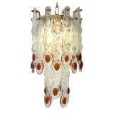 AV Mazzega fried eggs chandelier brass frame & chain elongated clear & brown Murano glass parts lampshade 1970s