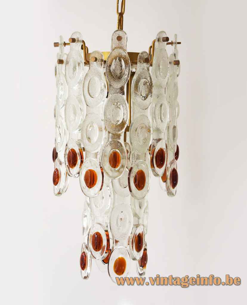 AV Mazzega fried eggs chandelier brass frame & chain elongated clear & brown Murano glass parts lampshade 1970s