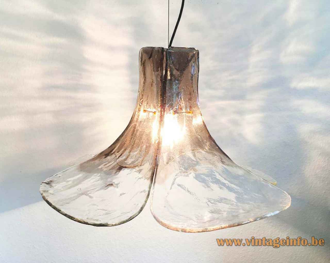 AV Mazzega LS 185 pendant lamp design: Carlo Nason 4 smoked glass leaves lampshade Murano Italy