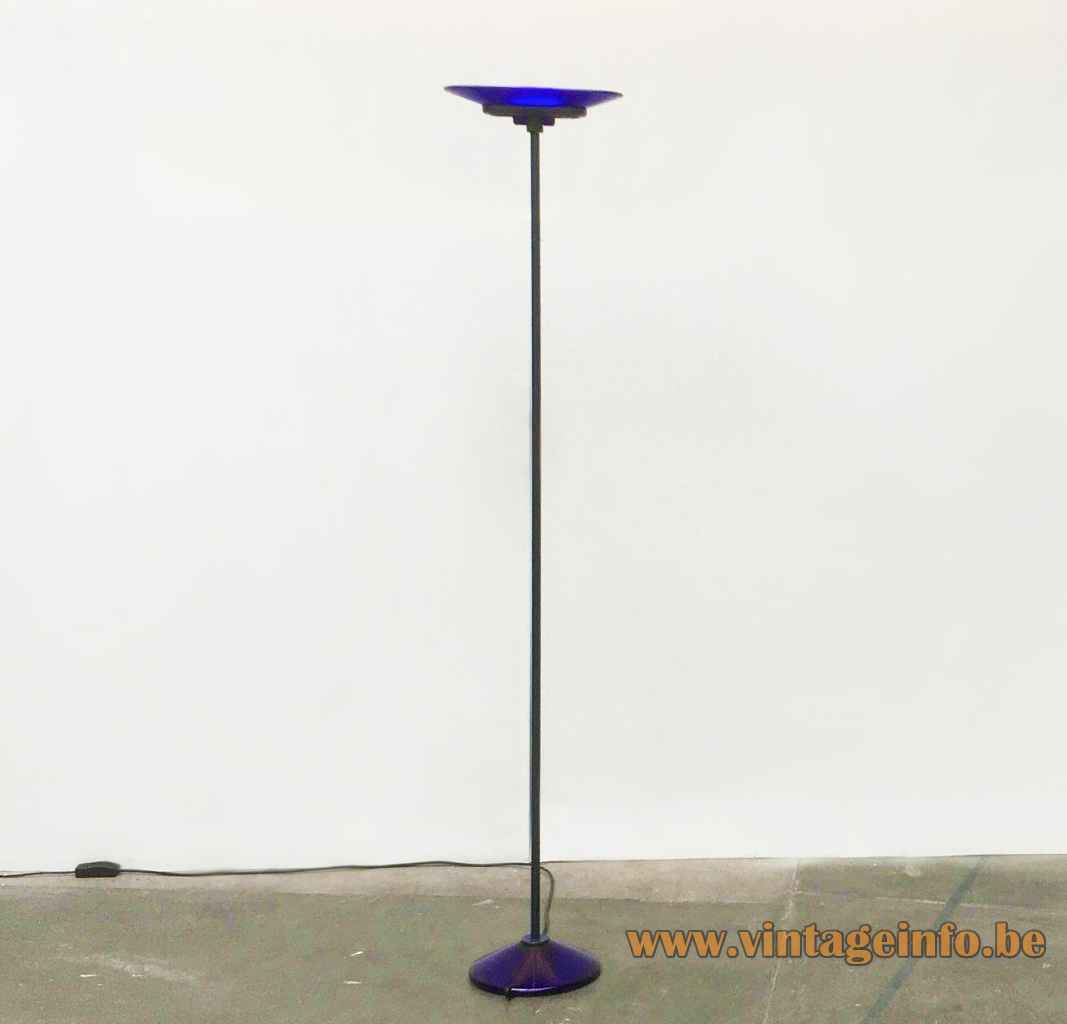 Arteluce Jill floor lamp round blue glass base long rod chalice lampshade 1970s 1980s FLOS Italy