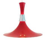 Bent Nordsted Lyskaer pendant lamp red aluminium diabolo trumpet lampshade chrome ring 1970s Denmark E27 socket