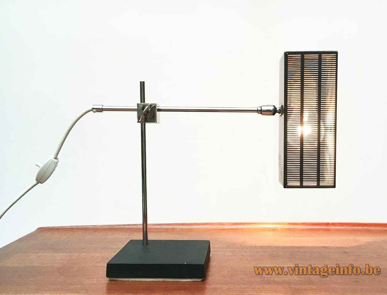 BuR Flamingo desk lamp square black base chrome rods rectangular perforated lampshade 1960s Bünte & Remmler Germany