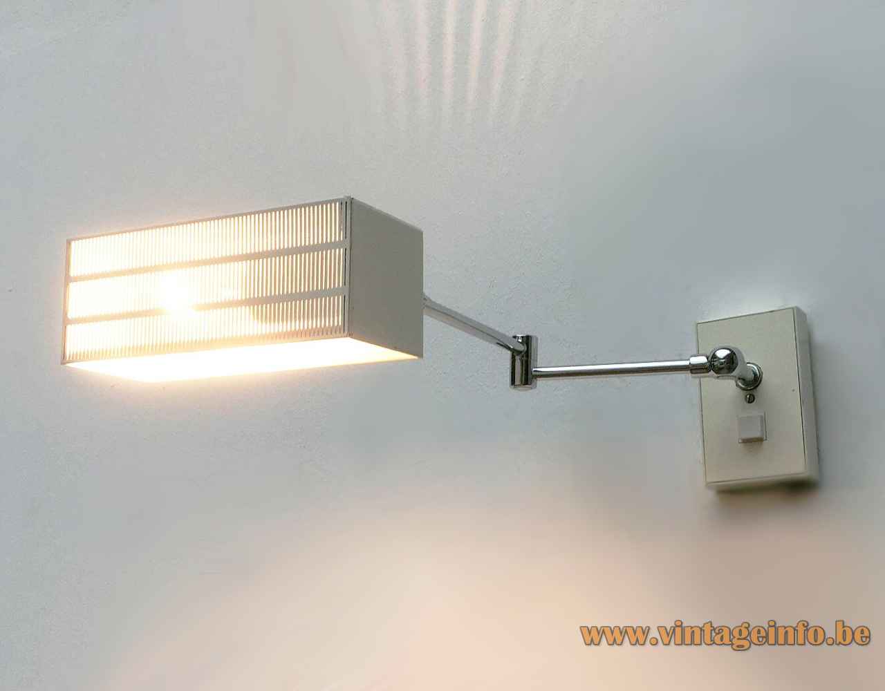 Bünte und Remmler Flamingo wall lamp adjustable chrome rods white rectangular perforated lampshade 1960s BuR Germany