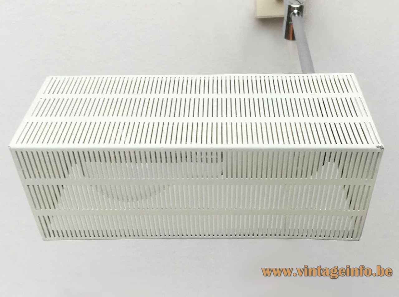 Bünte und Remmler Flamingo wall lamp adjustable chrome rods white rectangular perforated lampshade 1960s BuR Germany