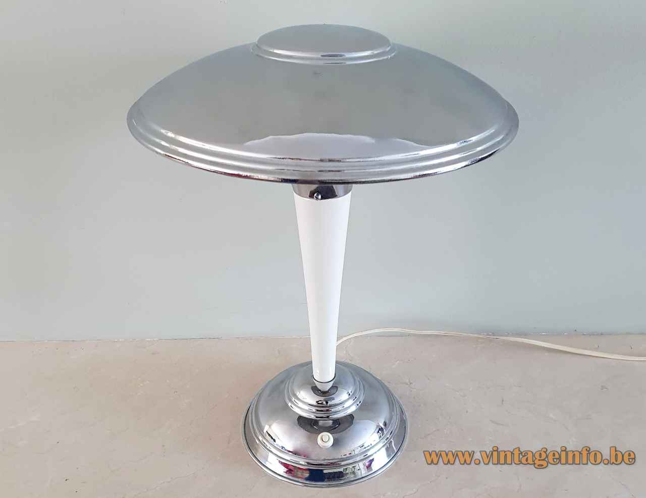 Chrome art deco table lamp round base conical white rod adjustable mushroom lampshade 1920s 1930s France