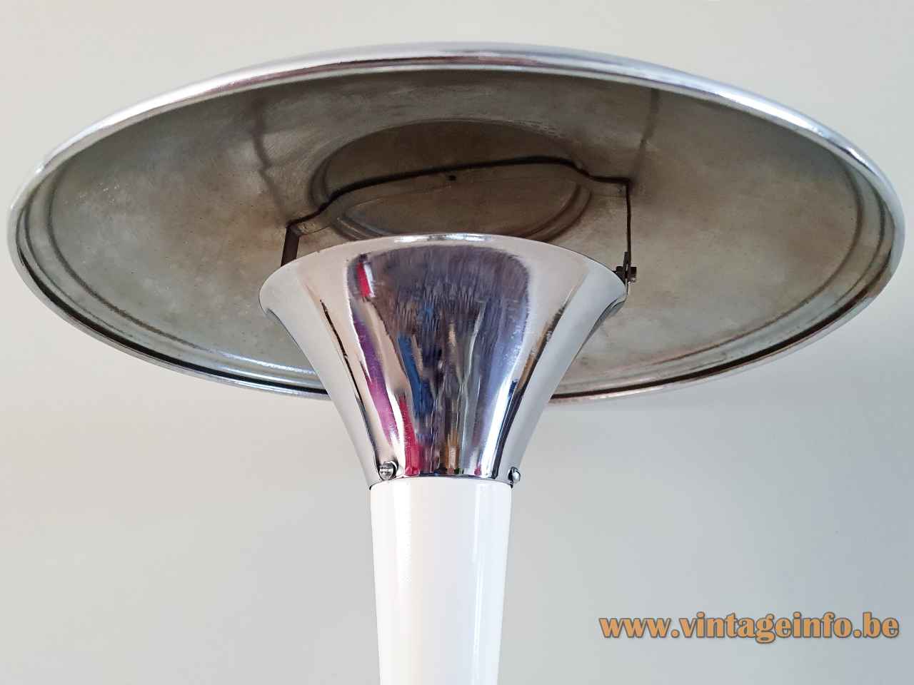 Chrome art deco table lamp round base conical white rod adjustable mushroom lampshade 1920s 1930s France
