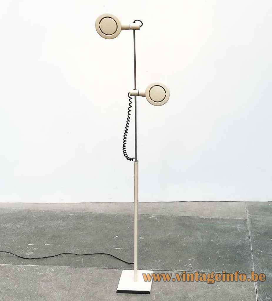 Conelight double floor lamp rectangular white base chrome rod adjustable round lampshades 1970s United Kingdom 