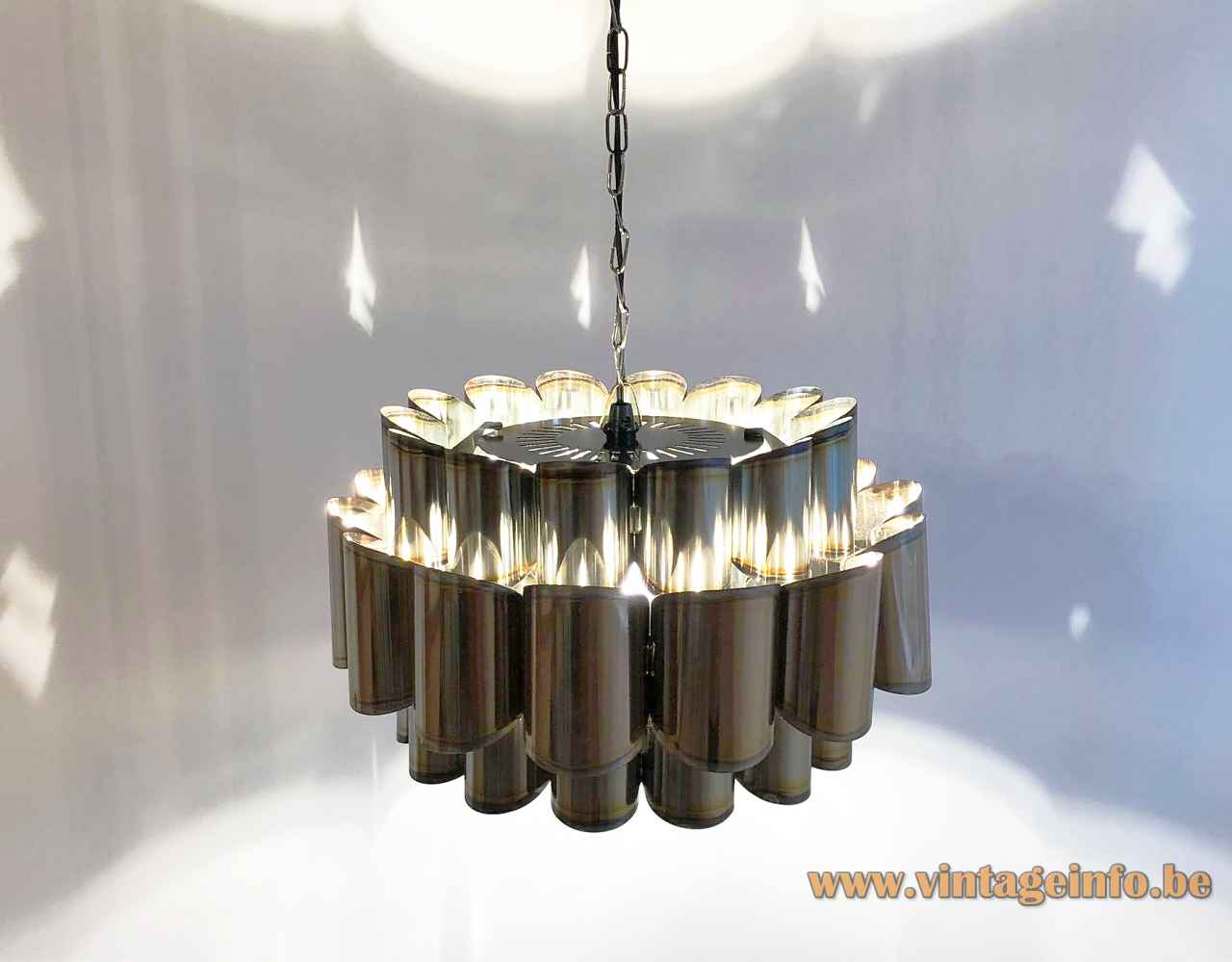 Coronell Elektro stainless steel pendant lamp curved metal slats lampshade chain 1960s 1970s Germany E27 socket