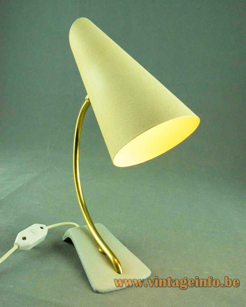Cosack cone desk lamp white cast iron base curved brass rod yellow lampshade 1950s 1960s Germany