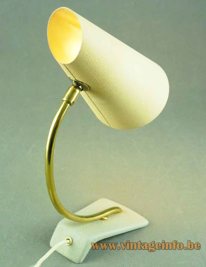 Cosack cone desk lamp white cast iron base curved brass rod yellow lampshade 1950s 1960s Germany