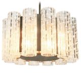 DORIA big glass tubes chandelier embossed ring lampshade metal disc & rod 1960s 1970s Germany E14 sockets
