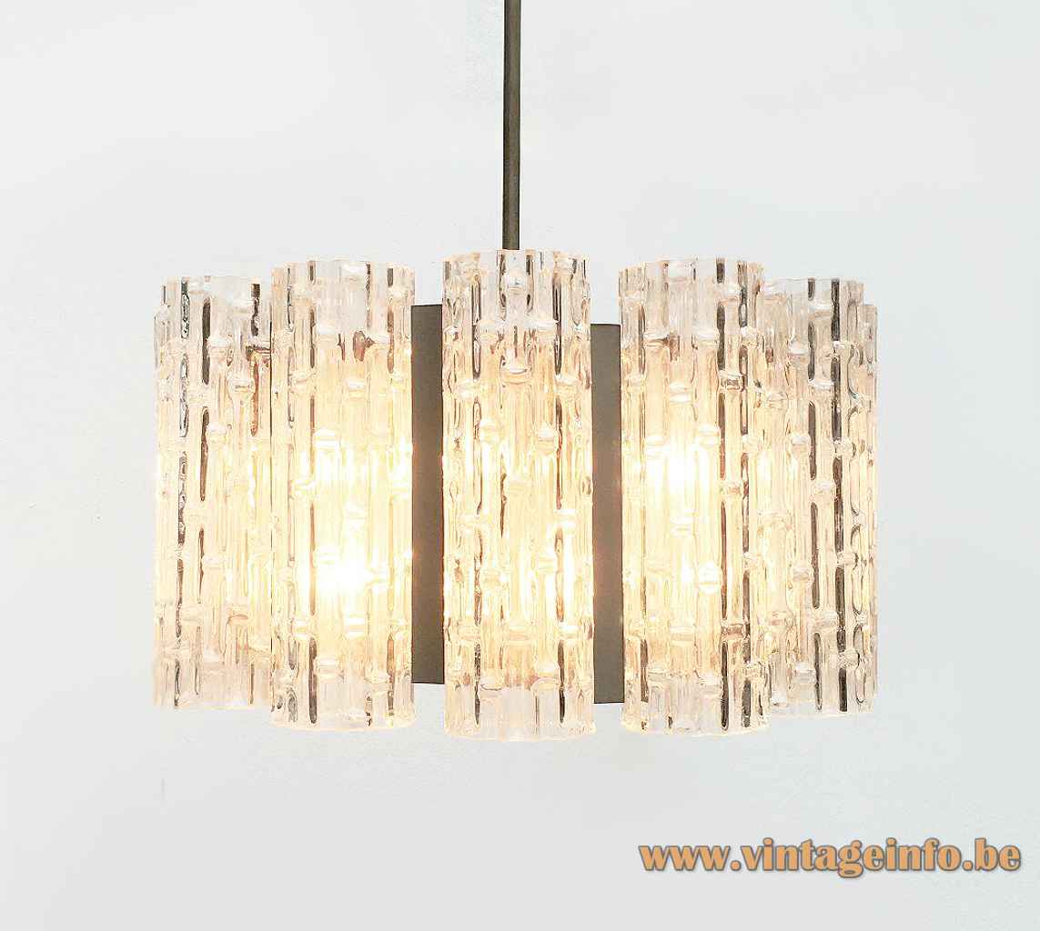 DORIA big glass tubes chandelier embossed ring lampshade metal disc & rod 1960s 1970s Germany E14 sockets