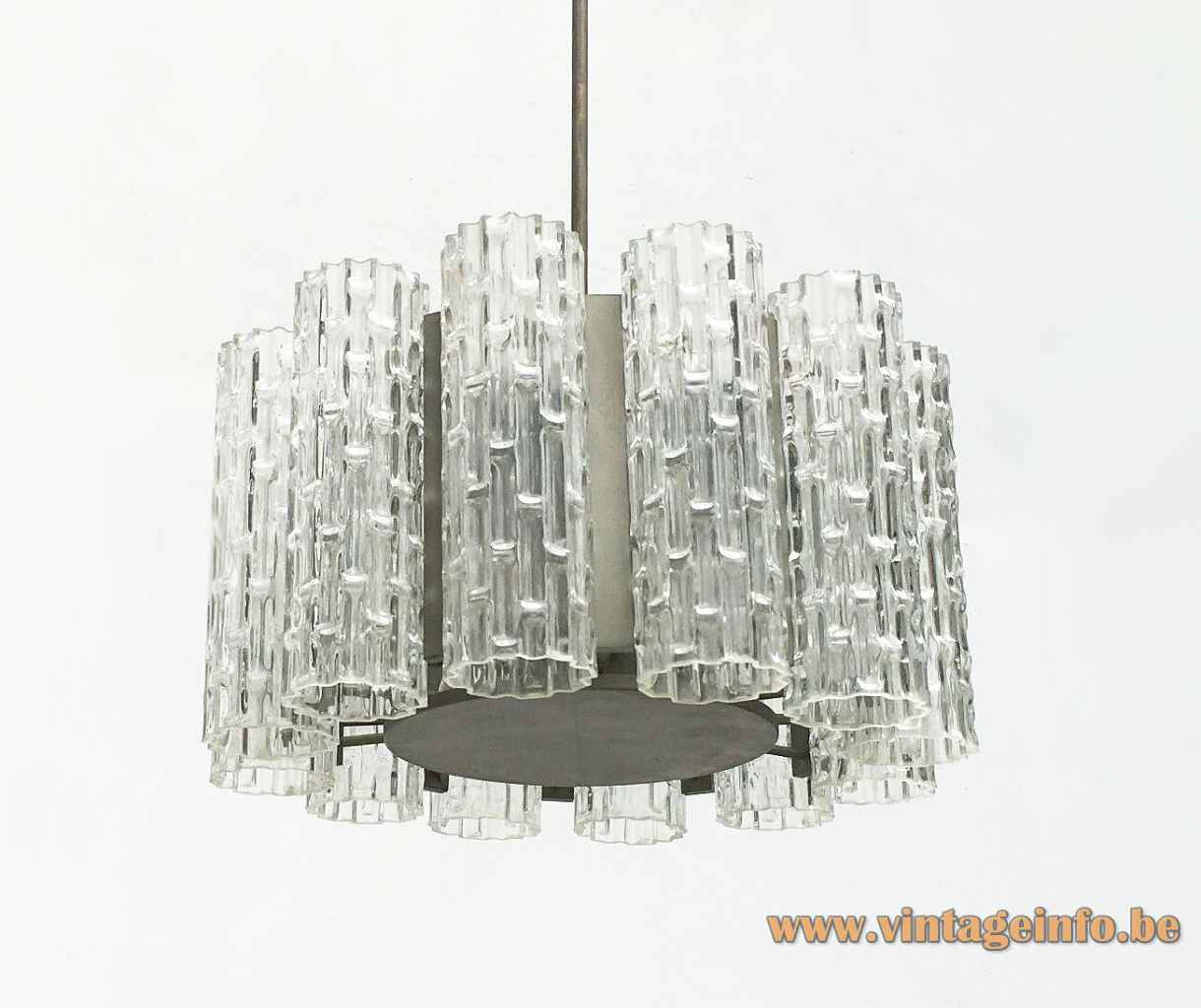 DORIA big glass tubes chandelier embossed ring lampshade metal disc & rod 1960s 1970s Germany E14 sockets