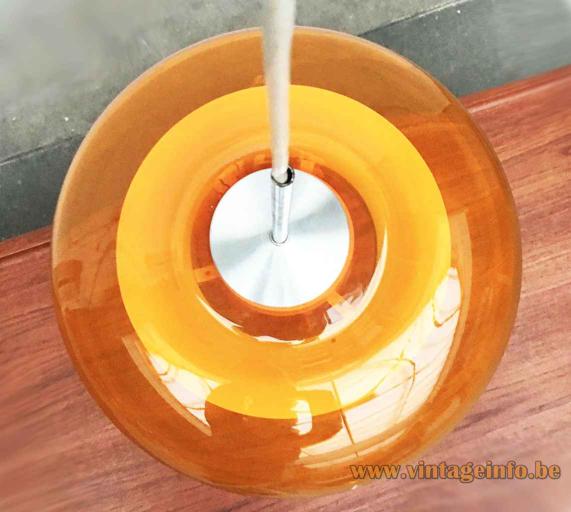 DORIA doughnut pendant lamp round clear orange glass lampshade aluminium diffuser 1960s 1970s Germany top view
