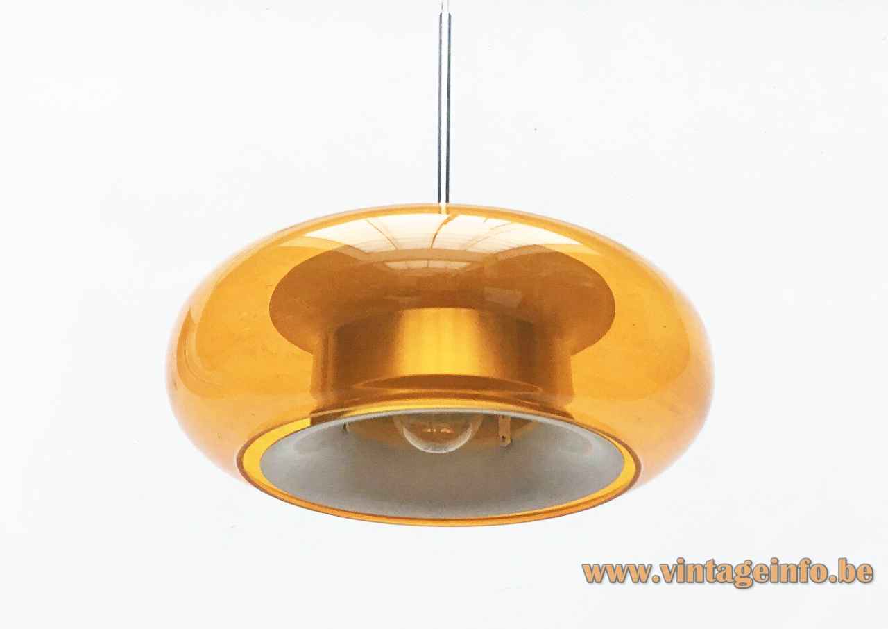 DORIA doughnut pendant lamp round clear orange glass lampshade aluminium diffuser 1960s 1970s Germany E27 socket