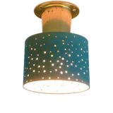 Ernest Igl Hillebrand flush mount brass base blue lampshade perforated round holes 1950s Germany E14 socket Hillebrand-Leuchten