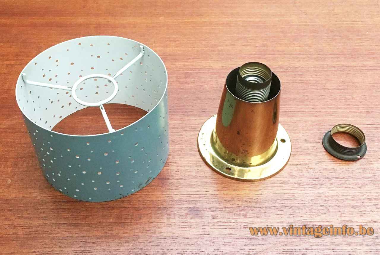 Ernest Igl Hillebrand flush mount brass base blue lampshade perforated round holes 1950s Germany E14 socket Hillebrand-Leuchten