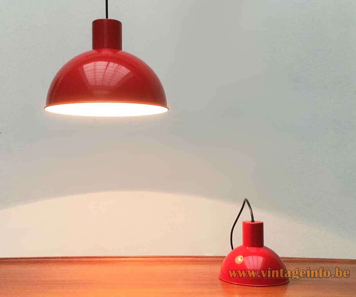 Fog & Mørup Bunker pendant lamp red aluminium mushroom lampshade 1970s design: Jo Hammerborg Denmark E27 socket