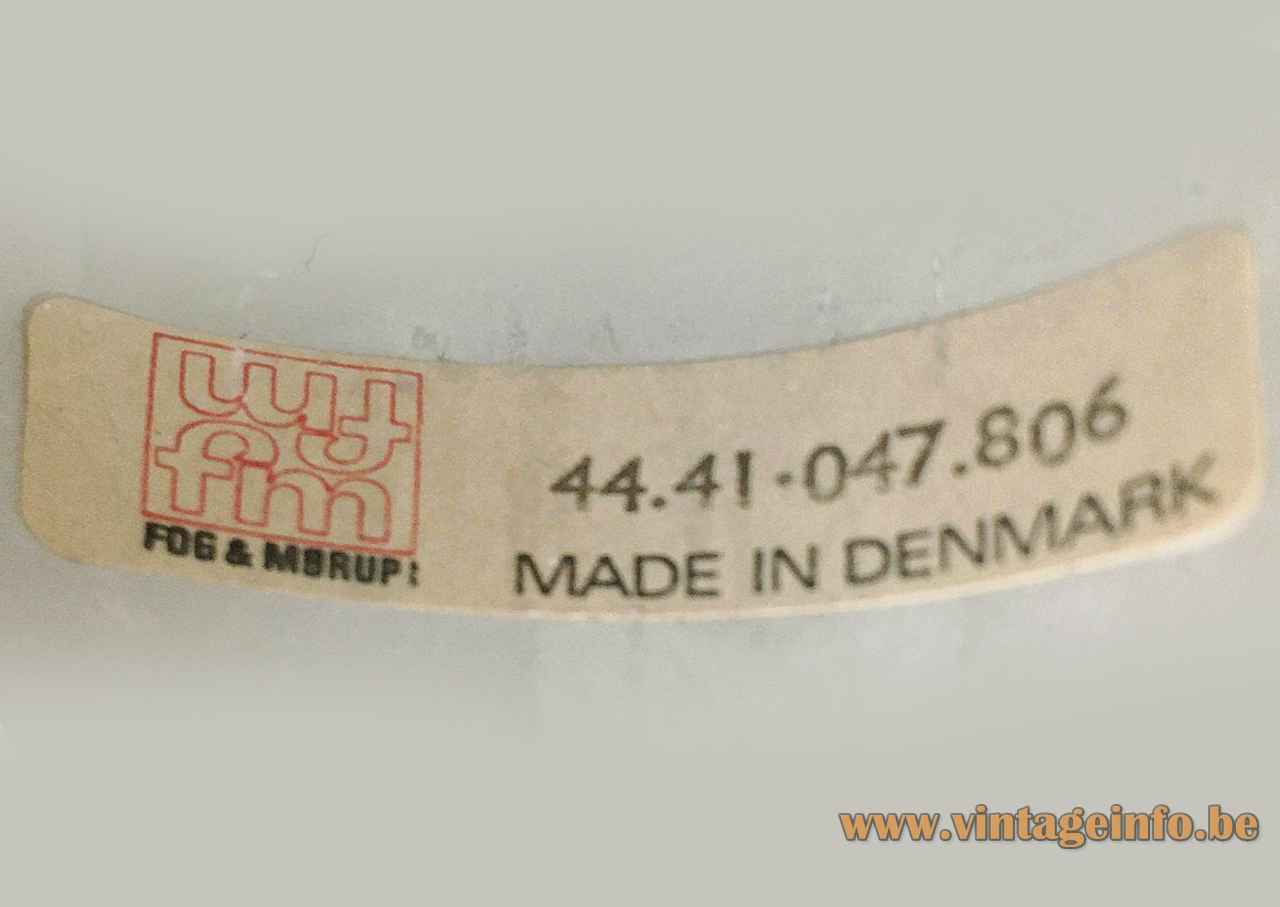 Fog & Mørup Bunker pendant 1970s design: Jo Hammerborg Denmark paper label + logo 44.41.047.806
