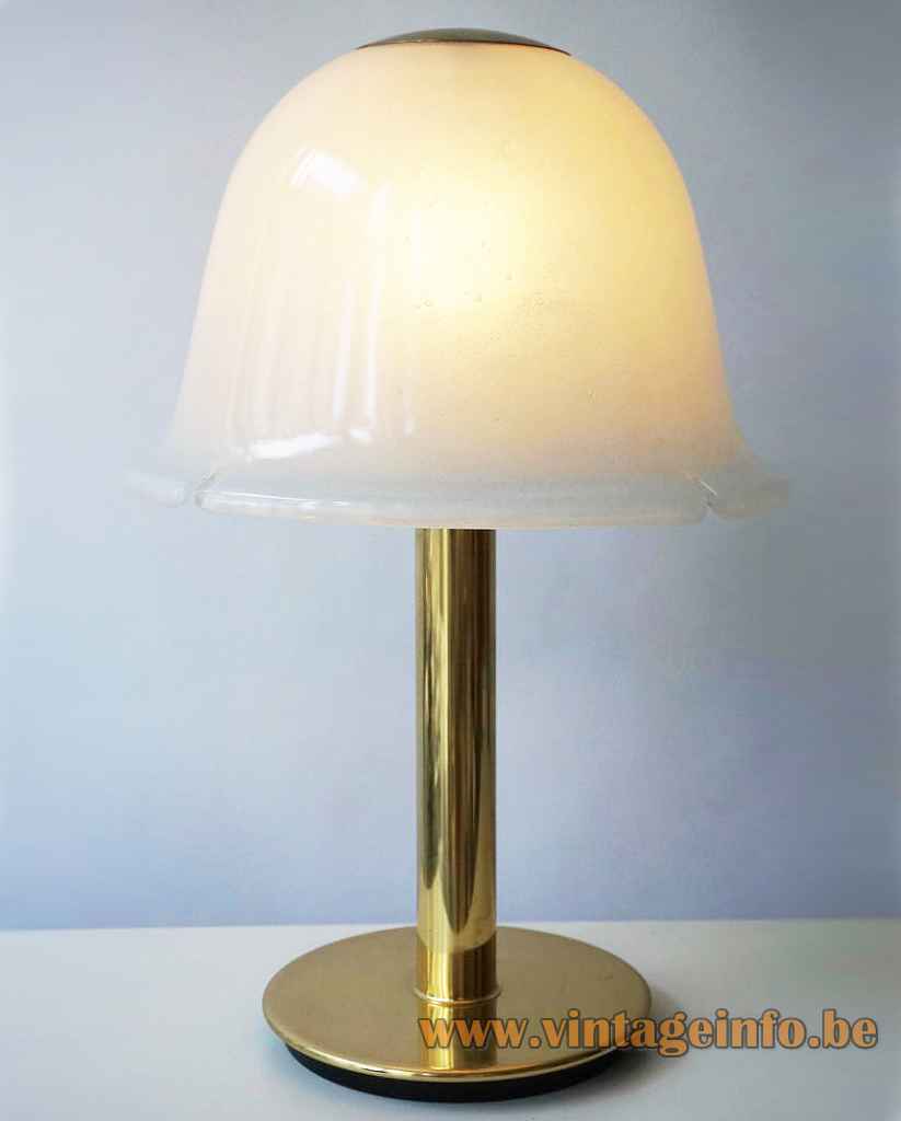 Glashütte Limburg flower table lamp round brass base & rod white opal glass mushroom lampshade 1970s Germany