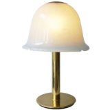 Glashütte Limburg flower table lamp round brass base & rod white opal glass mushroom lampshade 1970s Germany