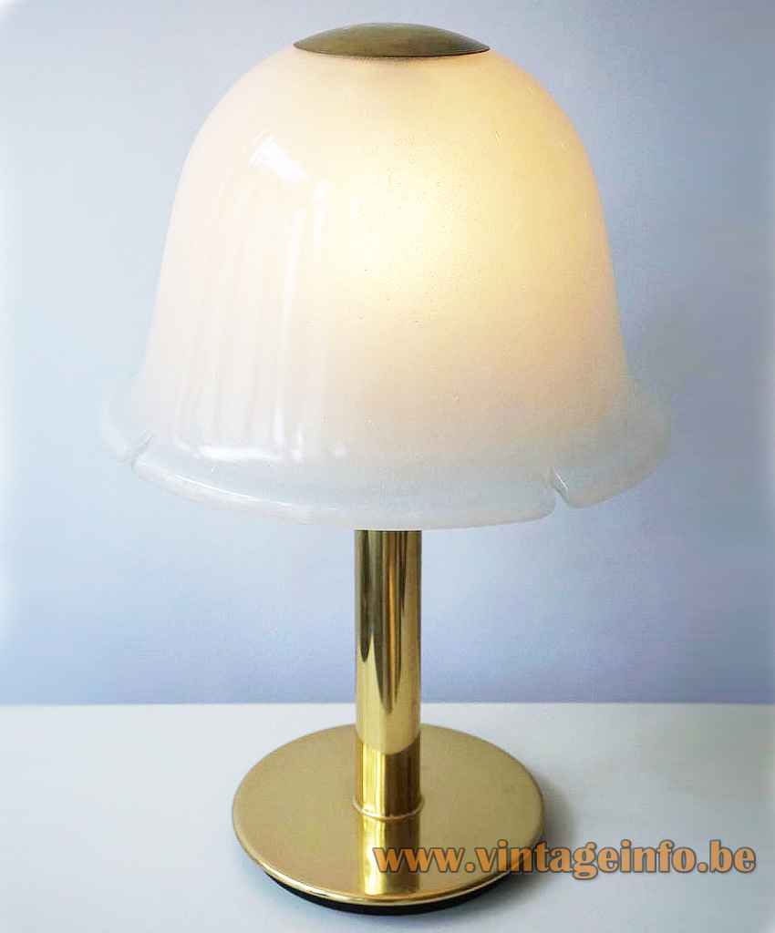 Glashütte Limburg flower table lamp round brass base & rod white opal glass mushroom lampshade 1970s Germany