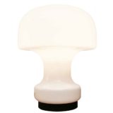 Glashütte Limburg mushroom table lamp round black plastic base white opal glass lampshade 1970s Germany