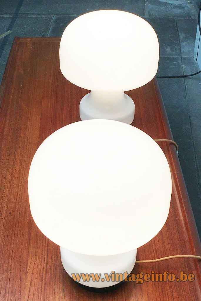 Glashütte Limburg mushroom table lamp round black plastic base white opal glass lampshade 1970s Germany