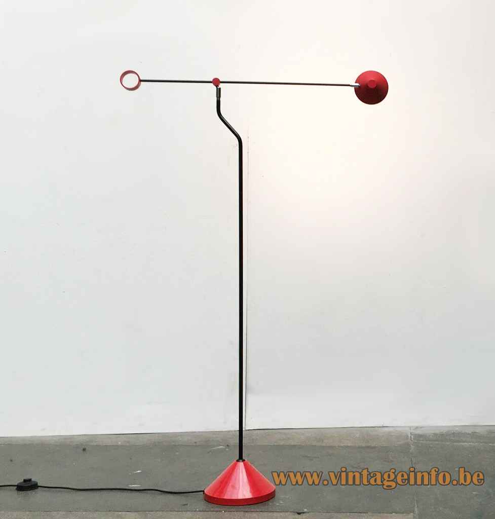 Honsel Leuchten 1980s floor lamp round conical base black rods red lampshade Memphis Milan Germany halogen
