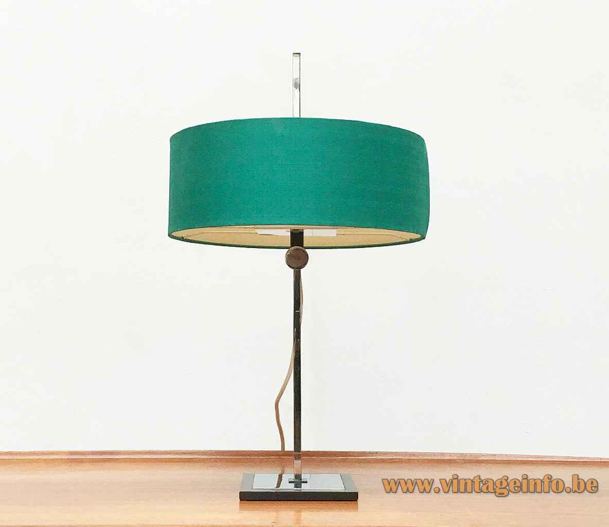 Kaiser Leuchten adjustable table lamp 45167 square chrome base & rod round turquoise fabric lampshade 1970s Germany