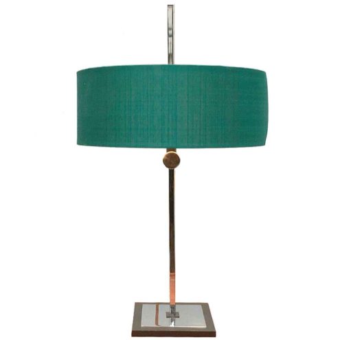 Kaiser Leuchten adjustable table lamp 45167 square chrome base & rod round turquoise fabric lampshade 1970s Germany