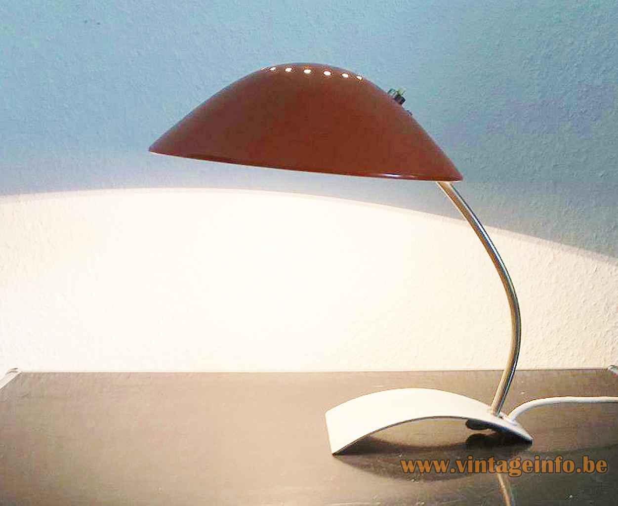 Kaiser Leuchten desk lamp 6840 curved metal base chrome rod round mushroom lampshade 1960s 1970s Germany
