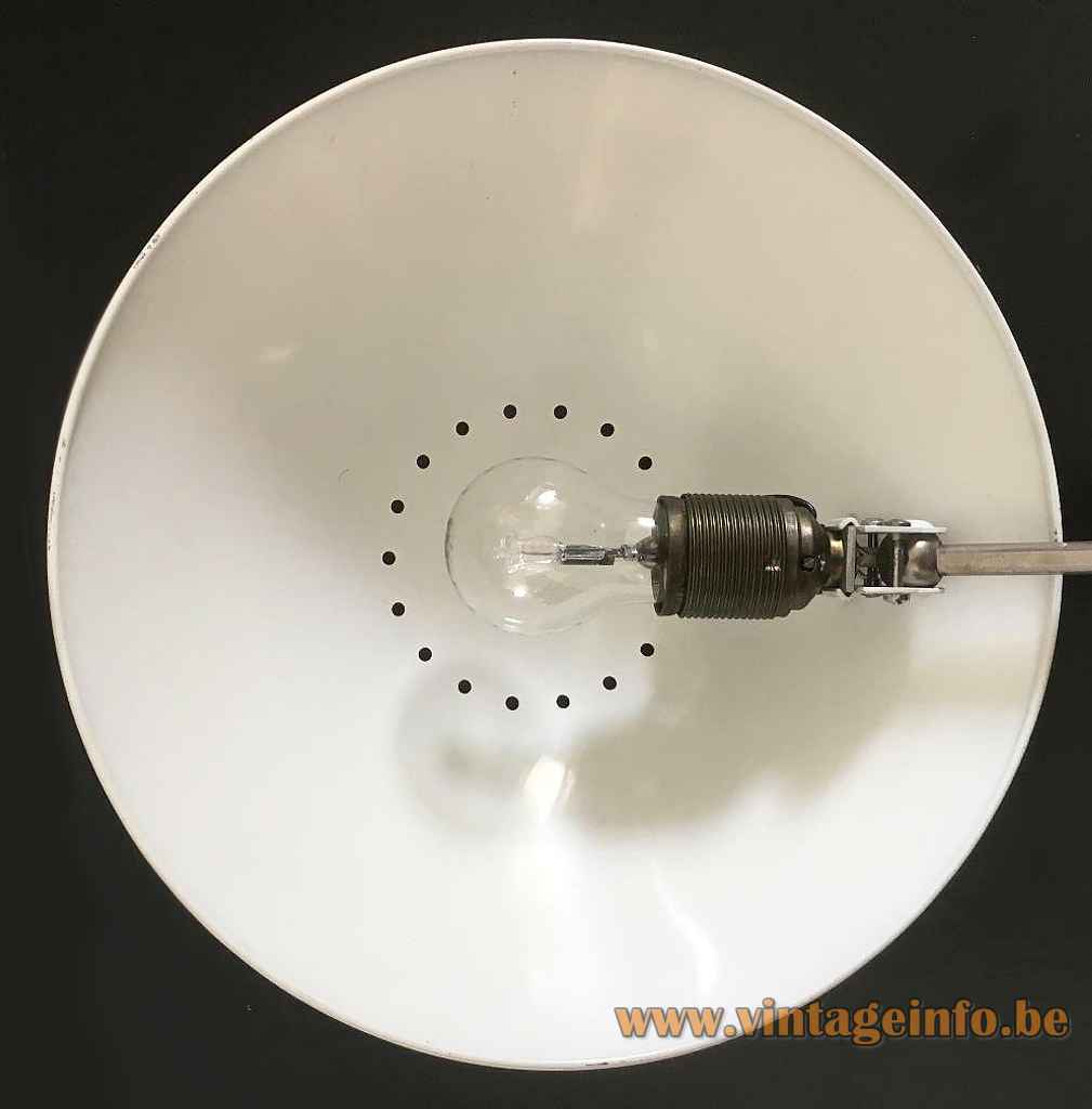 Kaiser Leuchten desk lamp 6840 round mushroom lampshade white inside perforated holes 1960s 1970s Germany
