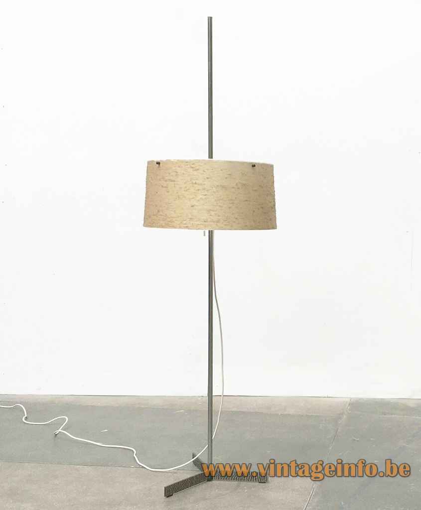 Kaiser Leuchten fibreglass floor lamp metal tripod base chrome rod adjustable round yellow lampshade 1960s Germany