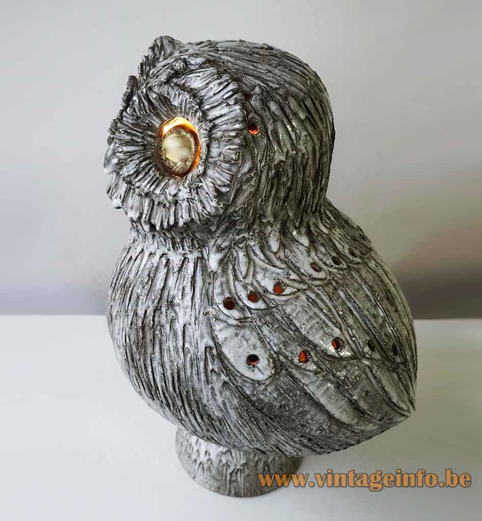 Marius Bessone ceramic owl table lamp grey glazed bird lampshade 1950s 1960s Vallauris France E14 sockets