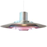 Nordisk Solar pendant lamp 376 brushed aluminium & pruple discs lampshade 1960s 1970s Kastholm Denmark E27 socket