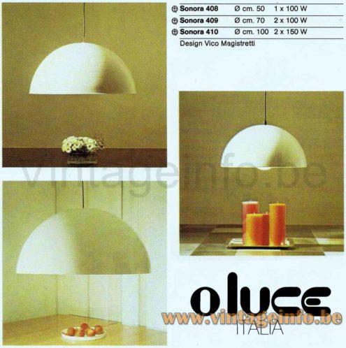 Oluce Sonora Pendant Lamp 408, 409, 410 - 1983 Catalogue Picture