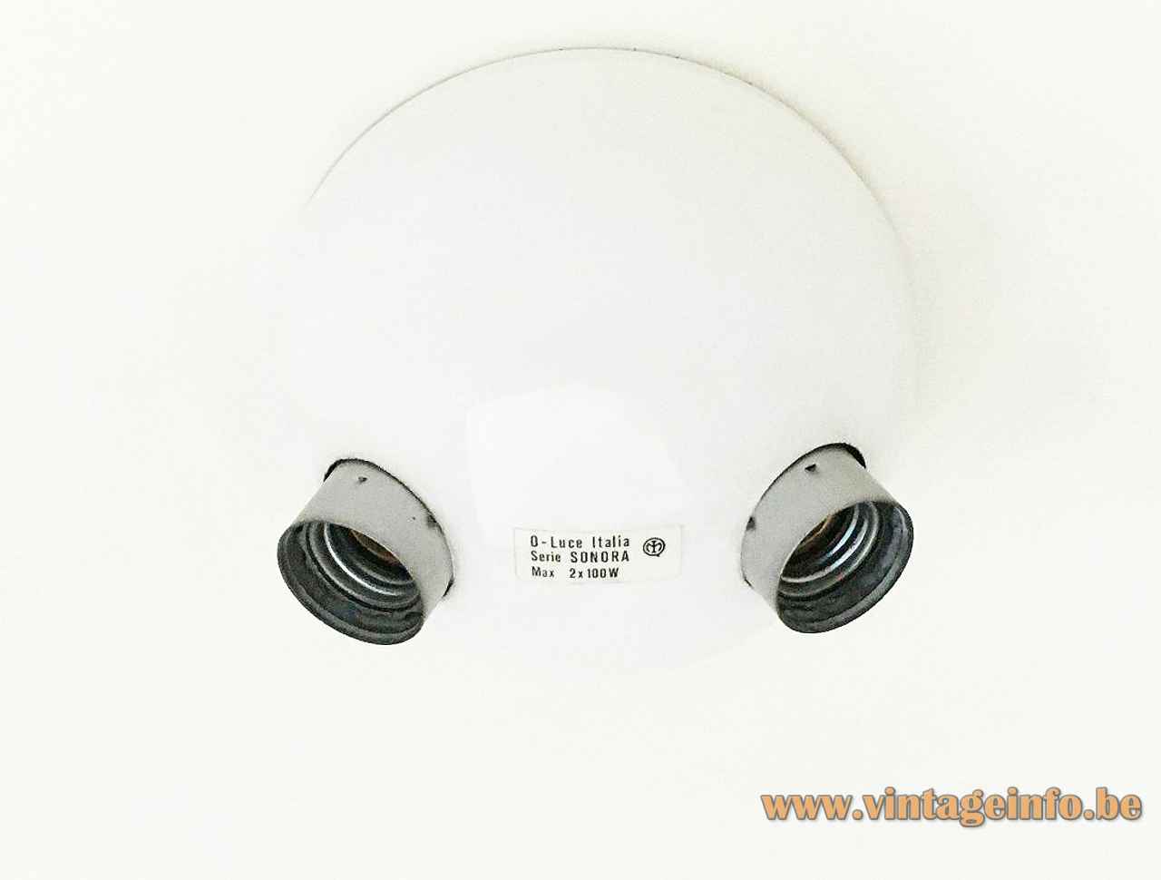 Oluce Sonora pendant lamp design: Vico Magistretti Italy inside view 2 metal E27 sockets label