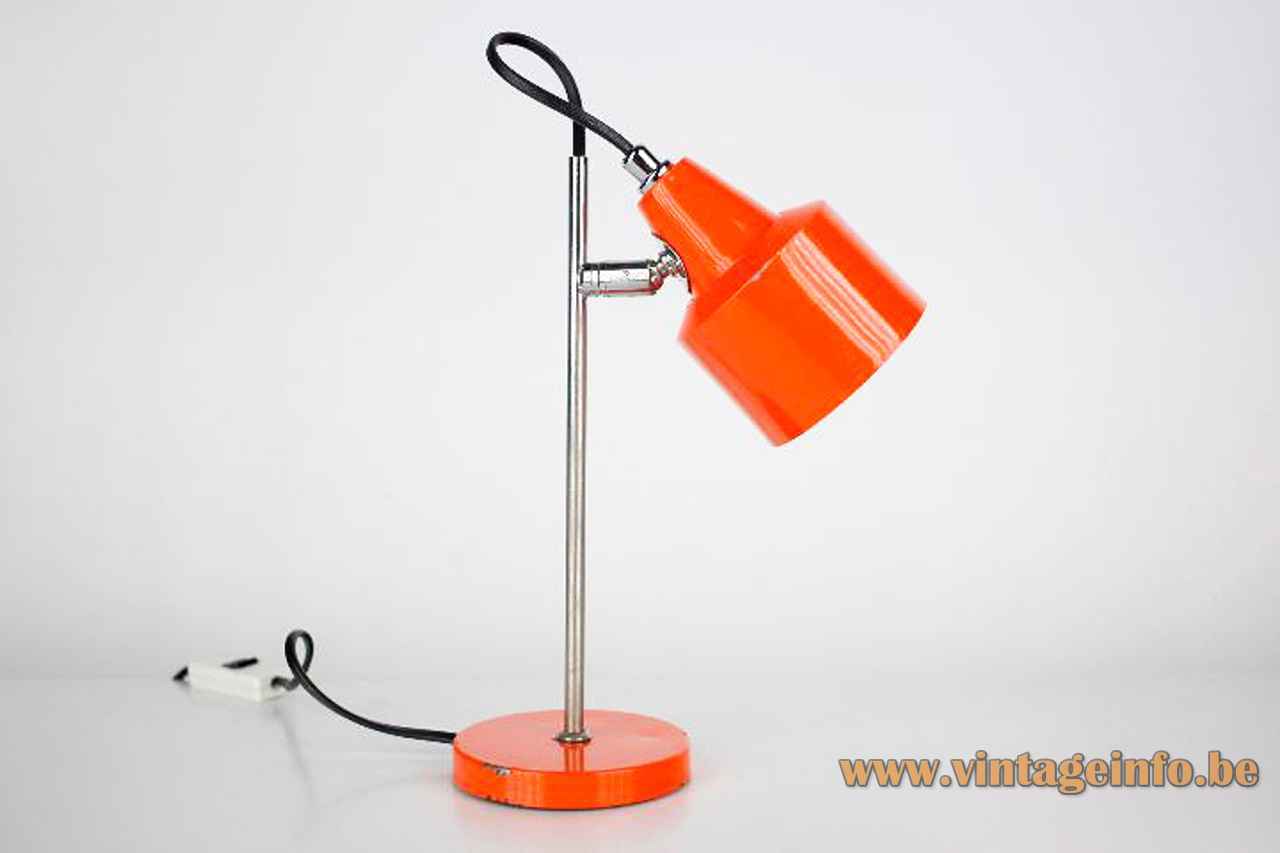 Orange Delmas desk lamp round metal base chrome rod adjustable aluminium lampshade 1970s France E27 socket