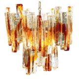 Poliarte ice block chandelier design: Albano Poli clear & amber glass lampshade metal wireframe & chain 1970s Italy
