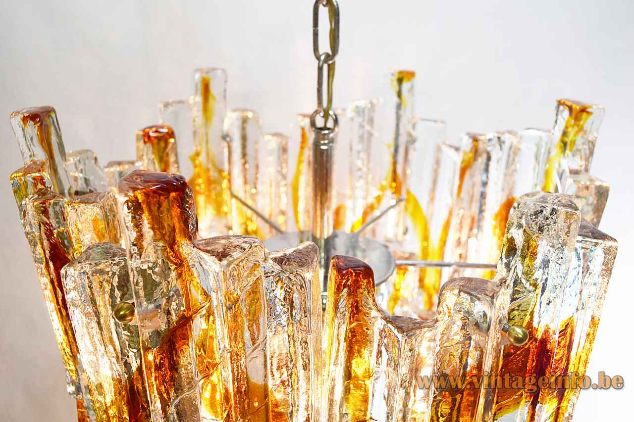 Poliarte ice block chandelier design: Albano Poli clear & amber glass lampshade metal wireframe & chain 1970s Italy