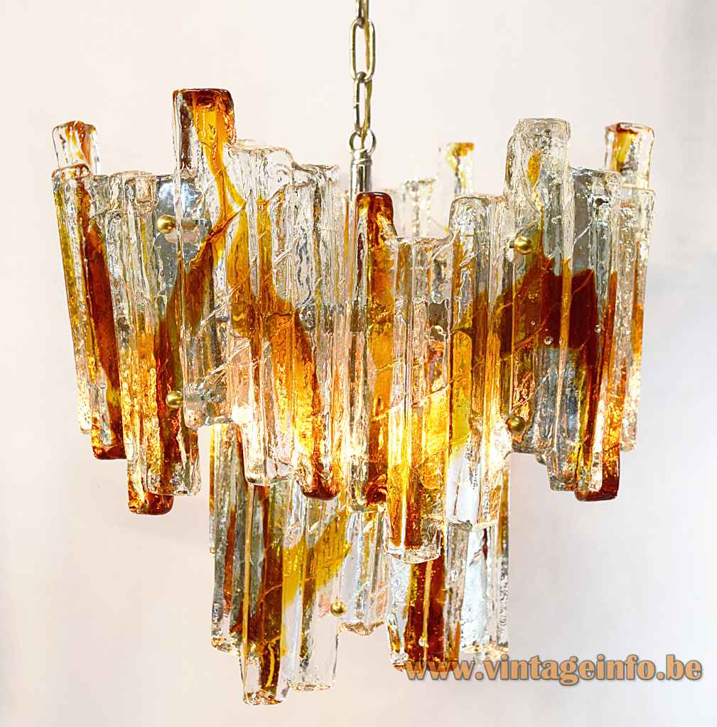 Poliarte ice block chandelier design: Albano Poli clear & amber glass lampshade metal wireframe & chain 1970s Italy