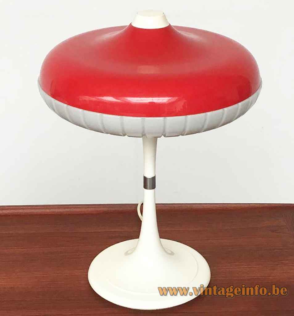 Siemens Siform table lamp round white plastic base & rod red mushroom lampshade 1970s Germany circular-fluorescent tube