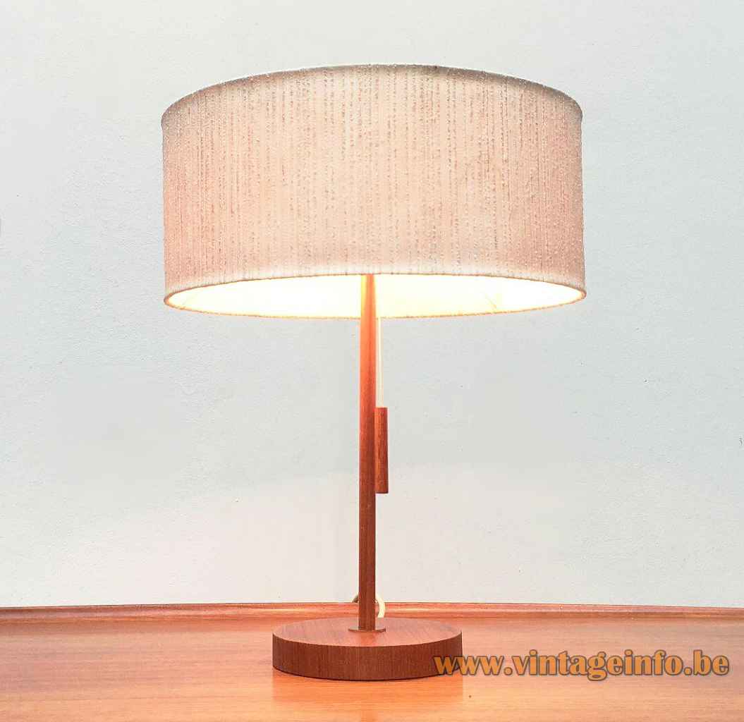 Temde teak table lamp round wood base & rod fabric lampshade 1960s Germany 2 E27 sockets
